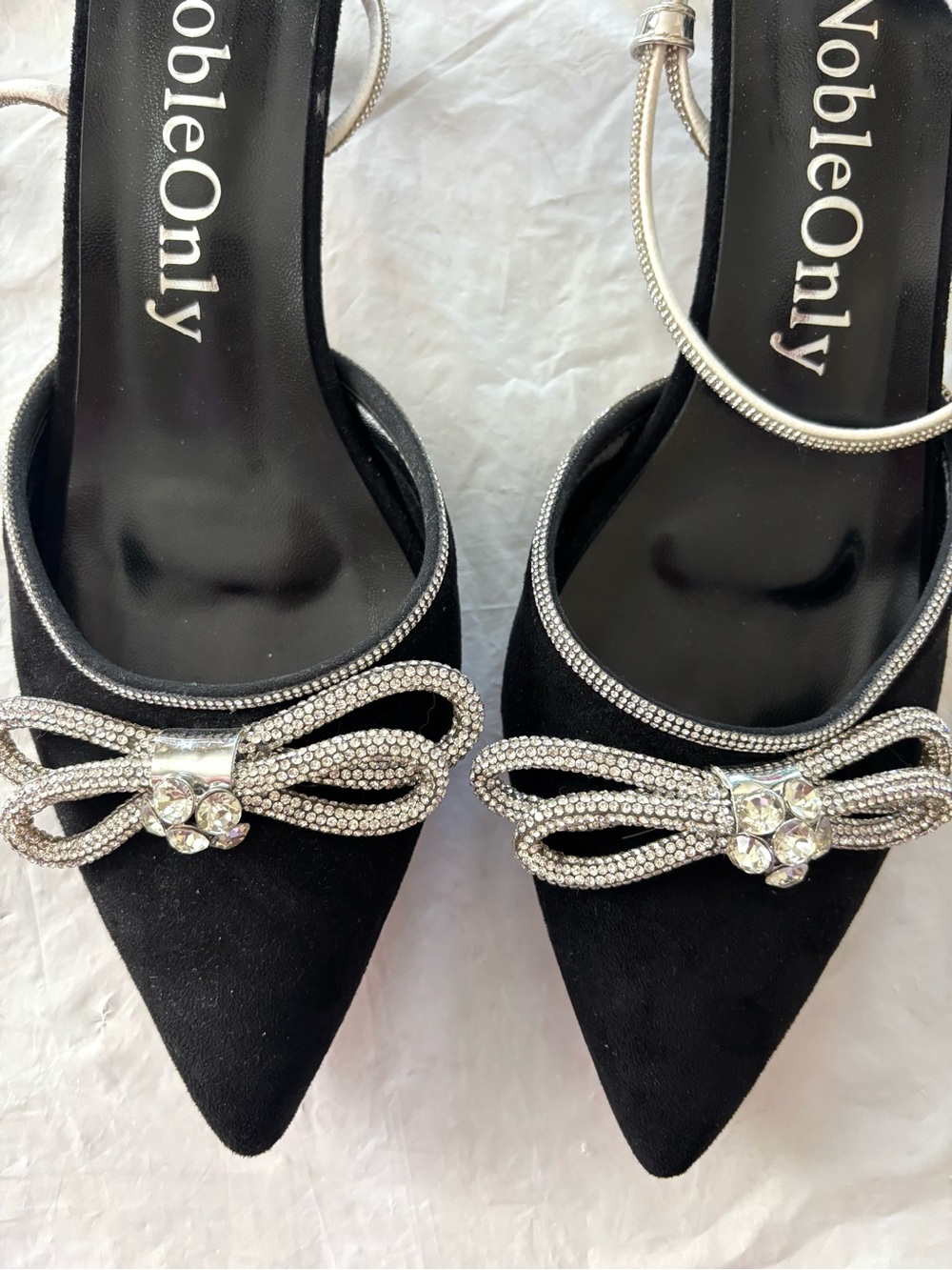 NWOT Noble Only Black Silver Rhinestone Bow Lace Up kitten Heel Sandals SZ 10 - Picture 10 of 15